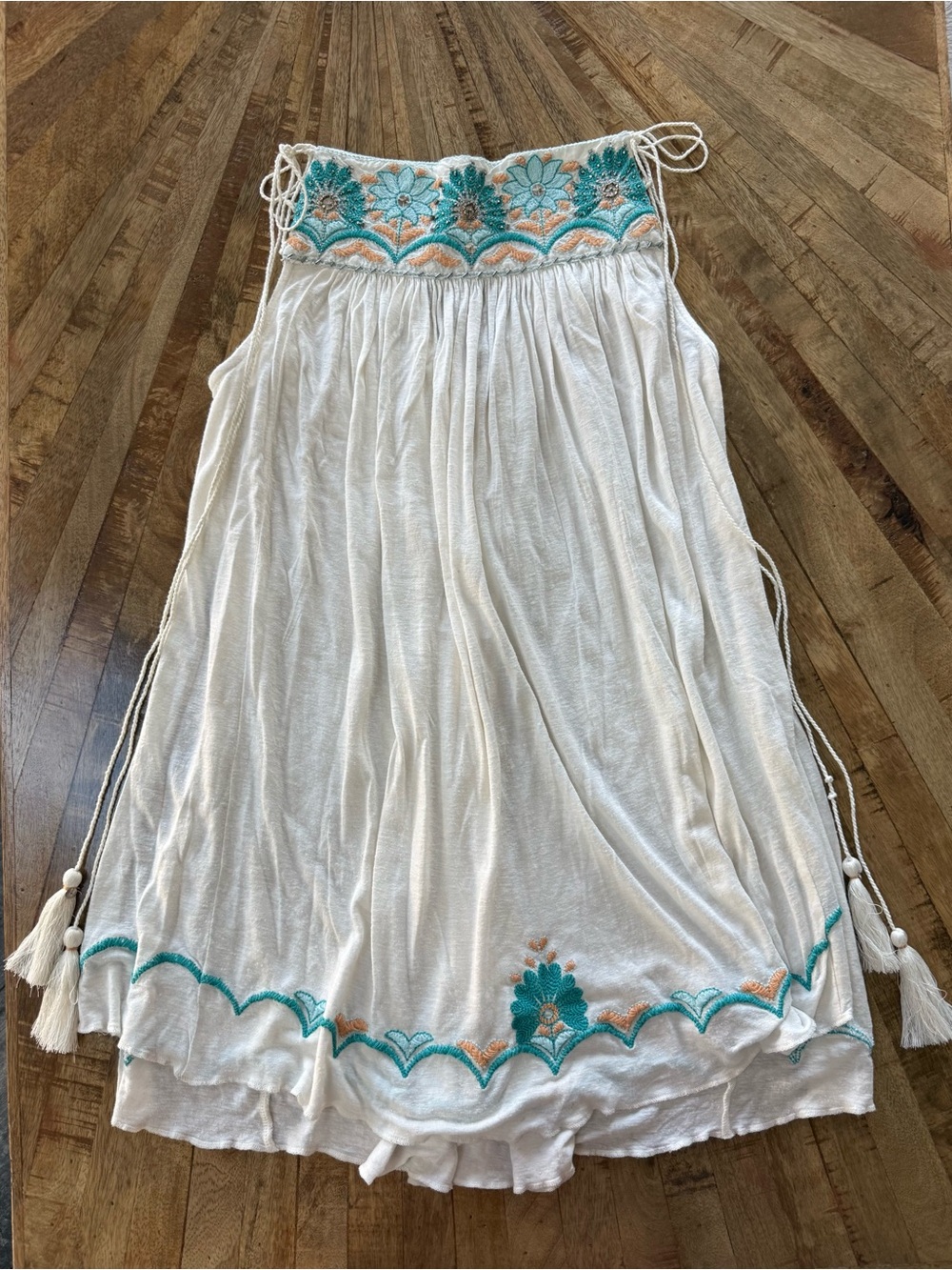 Free People White Boho Embroidered Maxi Dress with Teal & Peach Accents